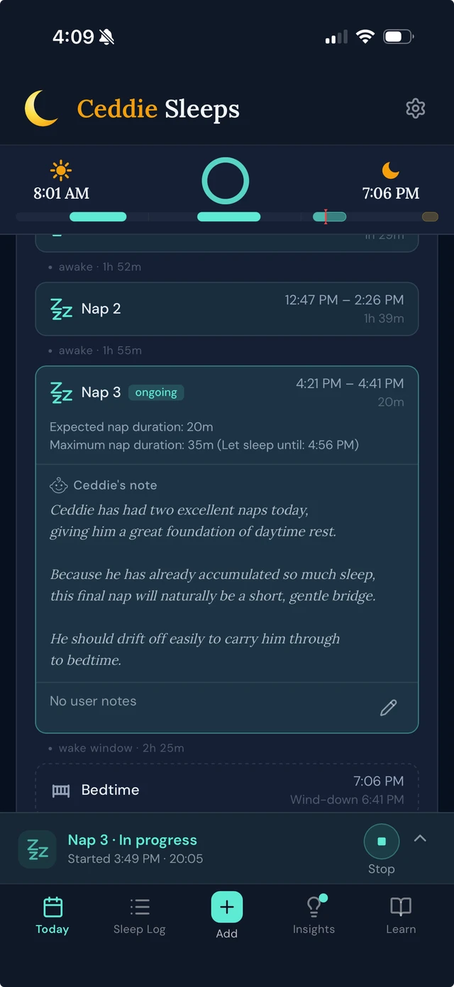 A Ceddie screen showing the day's schedule, with a plain-language note explaining the reasoning behind each nap.