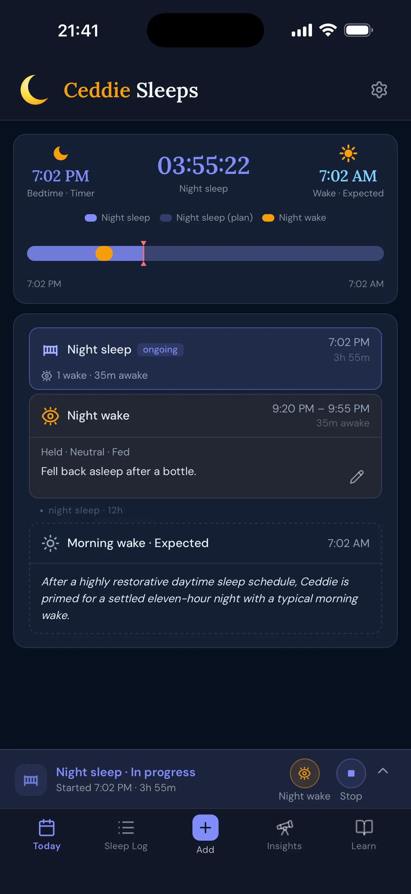An ongoing night sleep with a live timer, a logged night wake, and the expected morning wake time