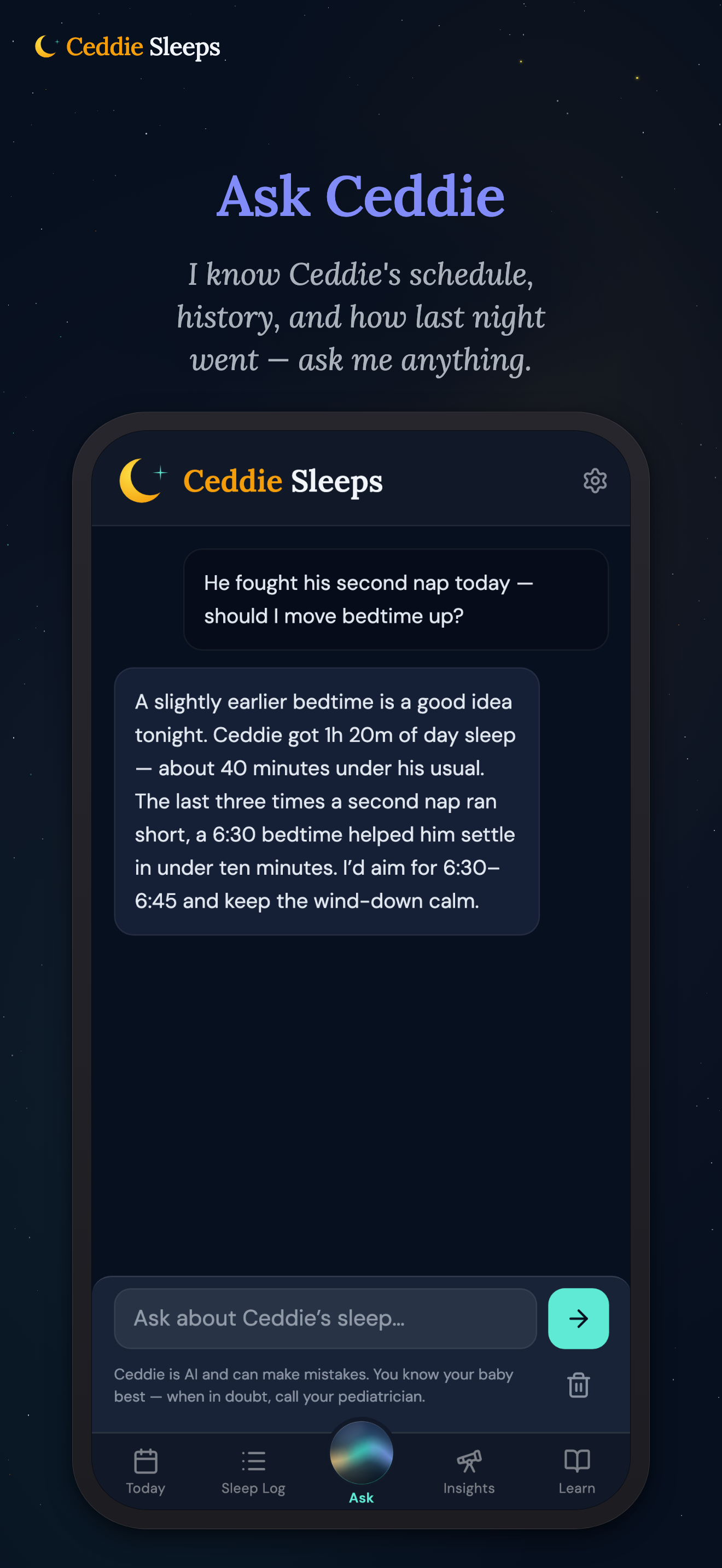 App Store screenshot: a chat with Ceddie — a parent asks whether to move bedtime up after a short nap, and Ceddie answers using the day's sleep totals and what happened the last few times.