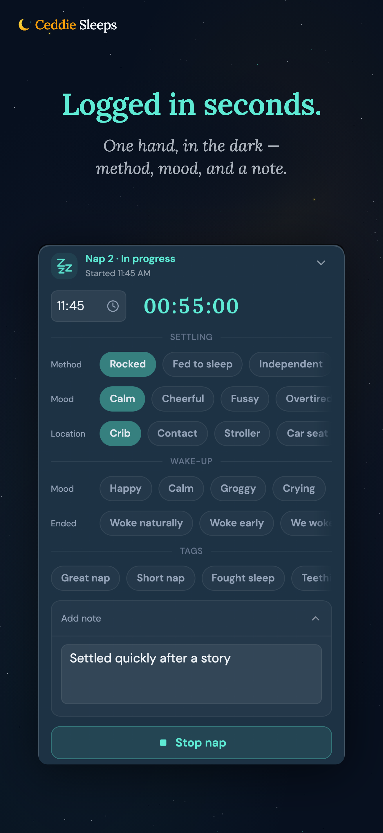 App Store screenshot: logging a sleep in a few taps.
