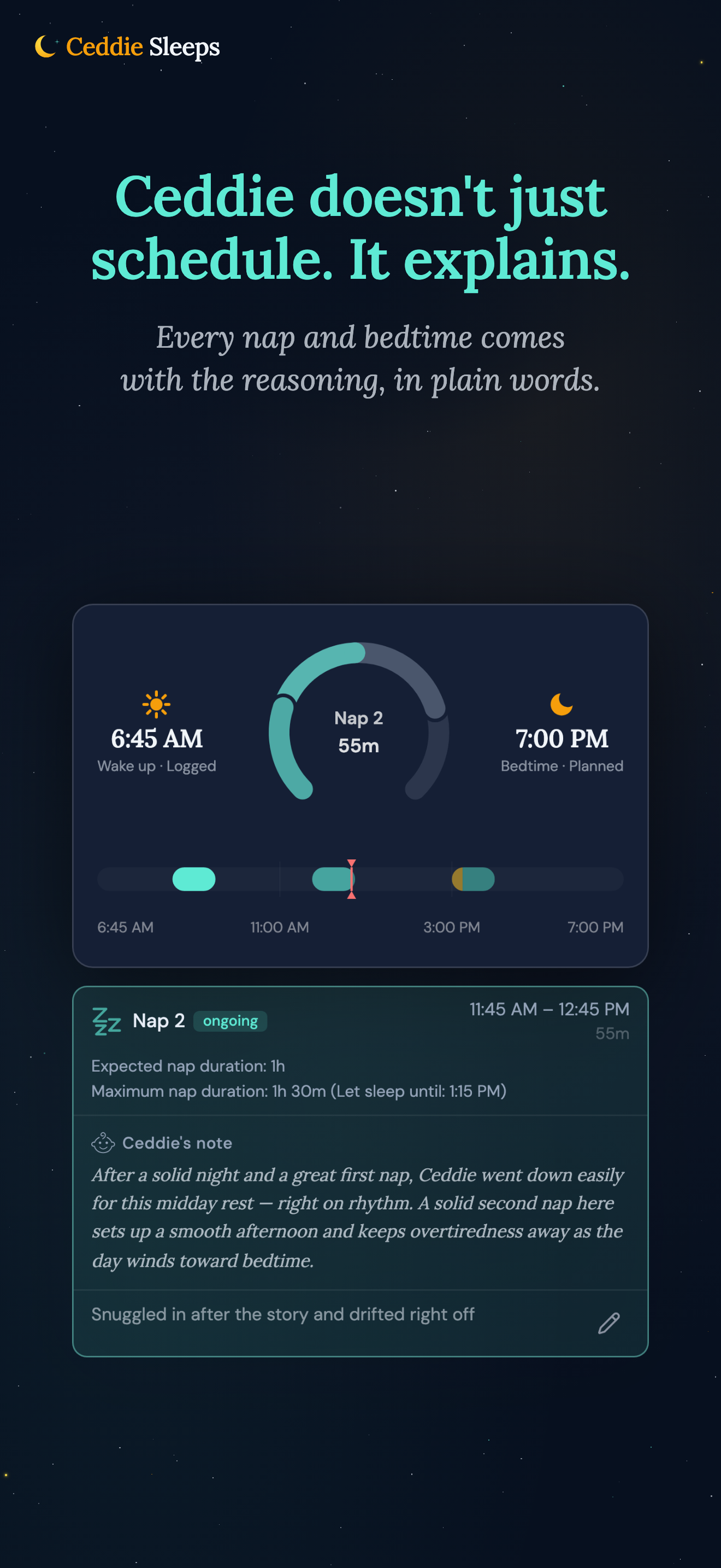 App Store screenshot: Ceddie explaining the reasoning behind the day's schedule.