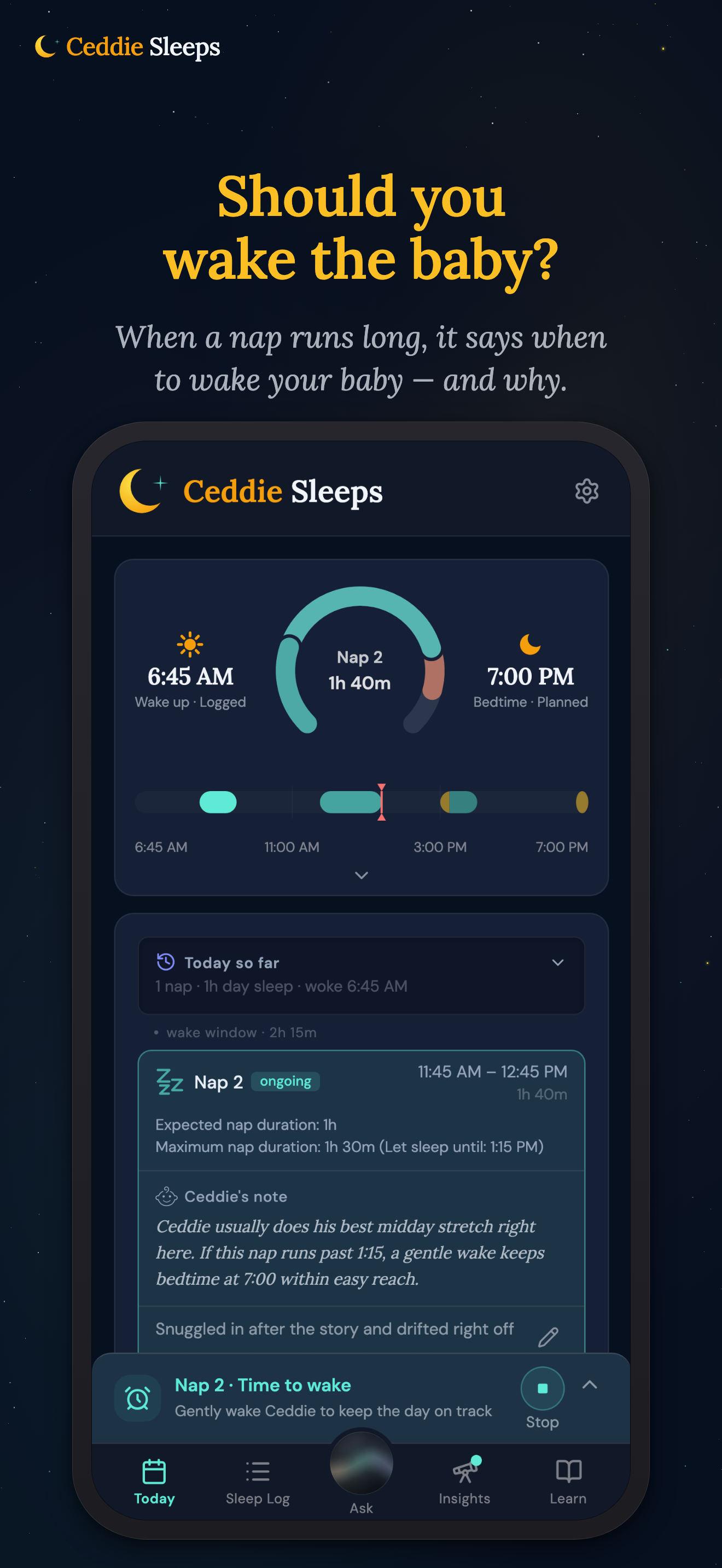 App Store screenshot: a baby's day laid out as a schedule of naps and bedtime.
