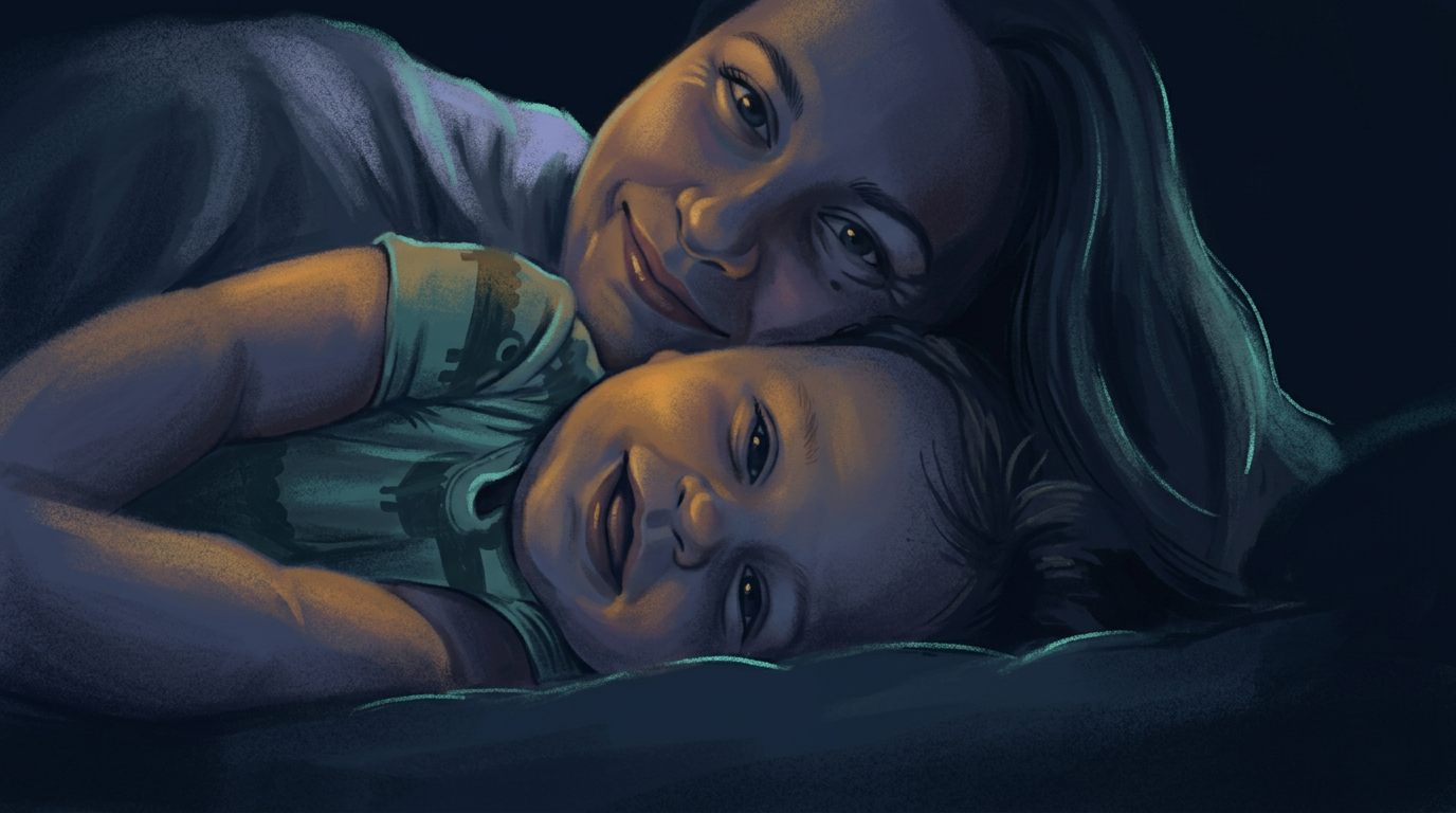 A hand-painted night scene: a mother lying cheek to cheek with her smiling baby, their faces lit by a single warm amber glow, with a faint teal rim light against the dark.