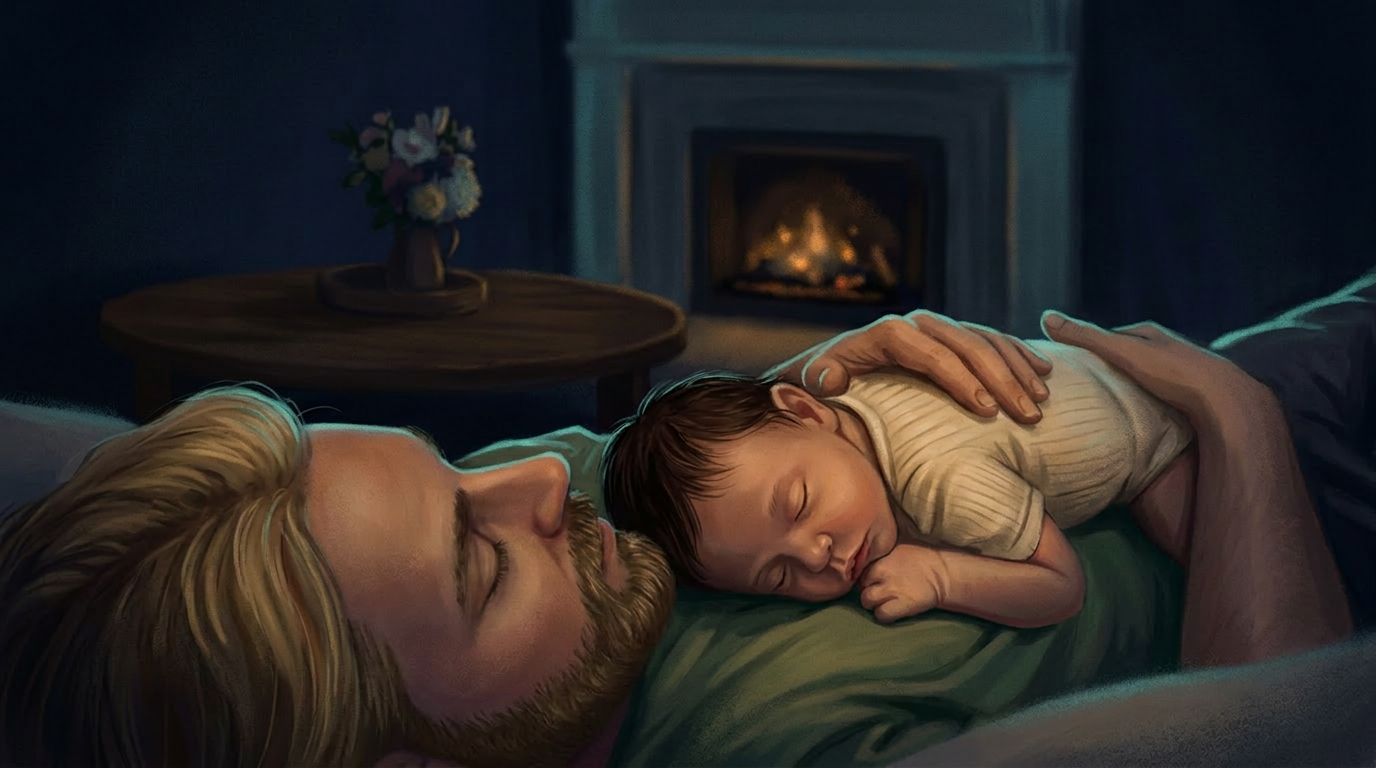 A hand-painted night scene: a father asleep with a newborn sleeping on his chest, warmed by the amber glow of a fireplace, the room falling away into deep navy darkness.