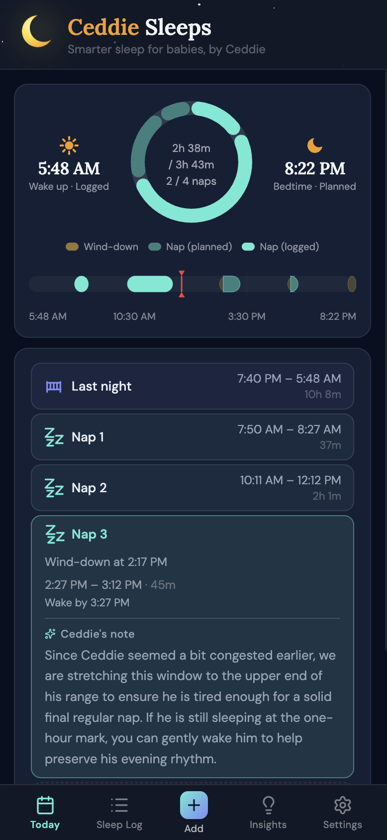 Ceddie app showing the day's schedule