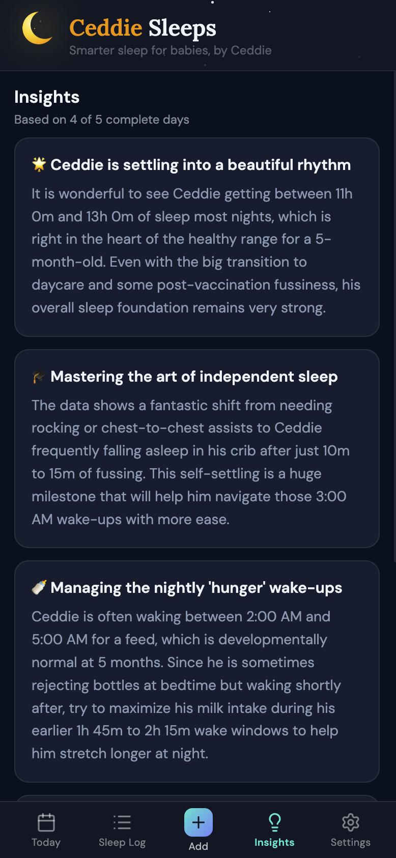 Ceddie app showing the insights view with weekly sleep patterns