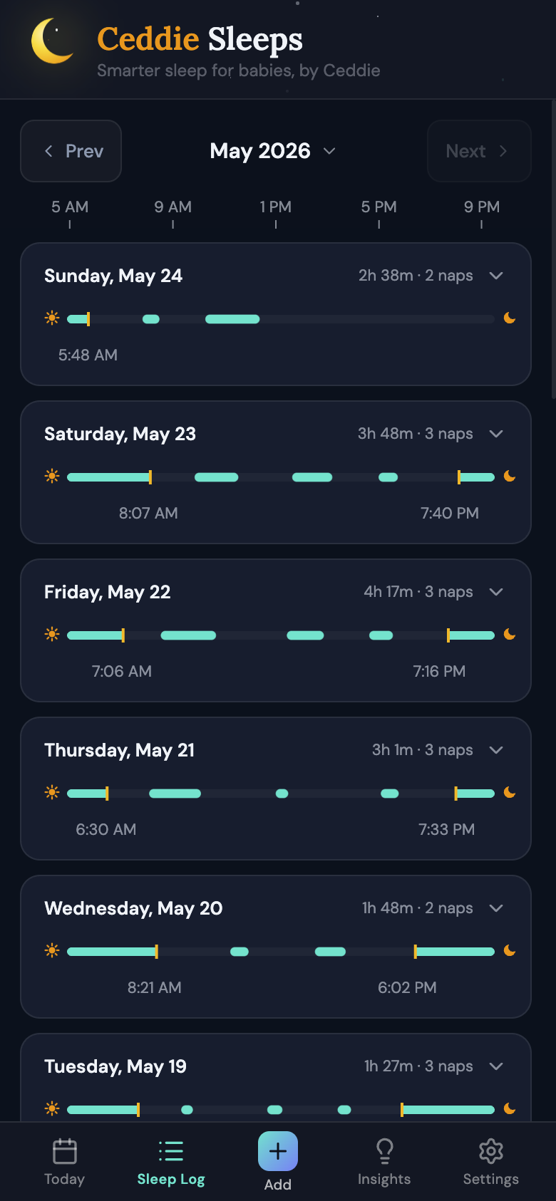 Ceddie app showing the sleep log with daily mini-timelines